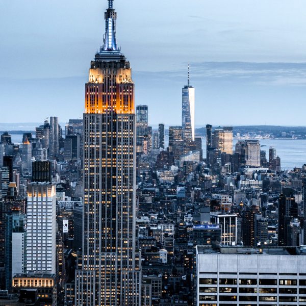 A vertical shot of a cityscape with tall skyscrapers in New York, USA